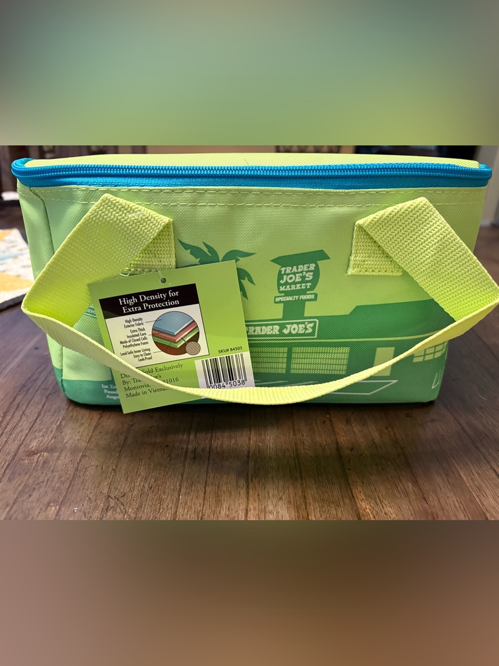 Trader Joe's Mini Insulated Tote Blue Green Reusable Small Summer Cooler Bag NWT